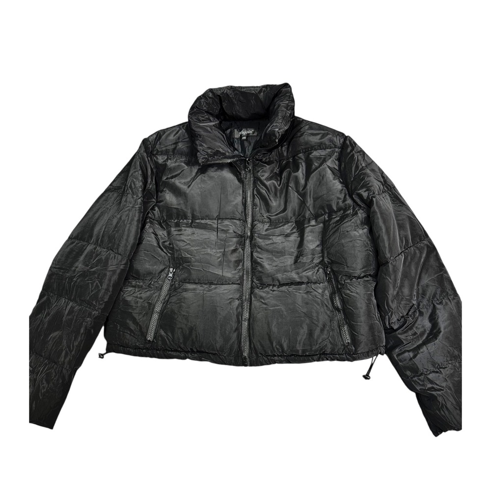 Black Puffer Jacket Hujoin Sz US 1XL Full Zip Drawstring Cropped Quilted Coat